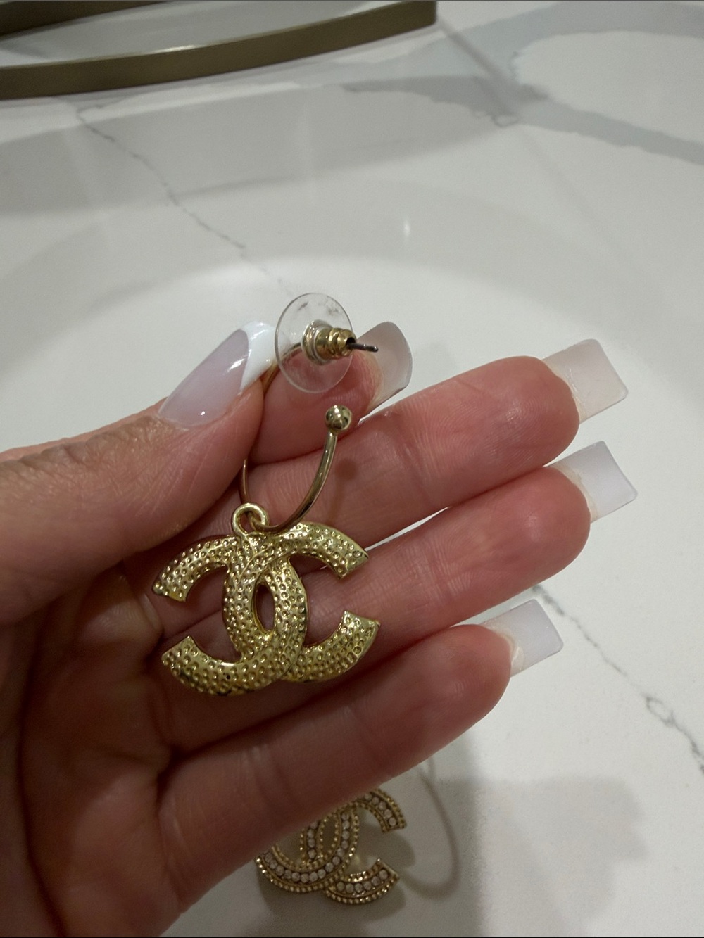 Gold Crystal Interlocking Logo Drop Earrings - Designer Style - Picture 3 of 3